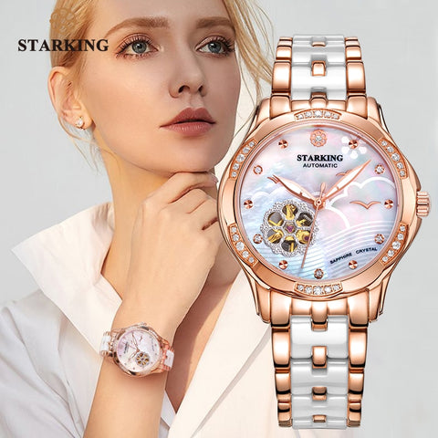 STARKING 34mm Automatic Watch Rose Gold Steel Case Vogue Dress Watches Skeleton Transparent Watch Women Mechanical Wristwatches