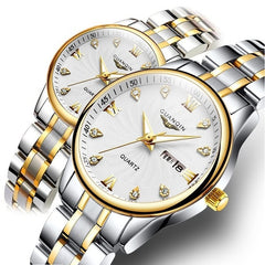 GUANQIN Couple Watch Set Men Women lovers Watch Stainless Steel Date Luxury Gold Quartz Watch Women Clock Ladies Wrist Watch