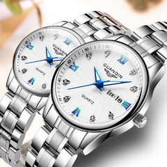 GUANQIN Couple Watch Set Men Women lovers Watch Stainless Steel Date Luxury Gold Quartz Watch Women Clock Ladies Wrist Watch
