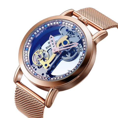 Skeleton Sapphire Crystal Women Mechanical Watch Luxury Brand Steel Women Automatic Mechanical Watch Women Diamond Watch Men