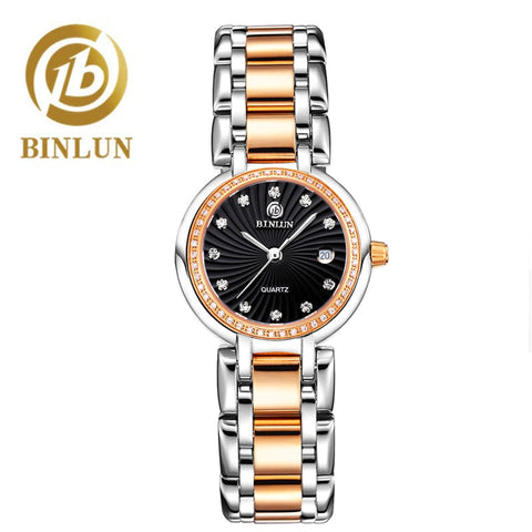 BINLUN Luxury Couple's Wrist Watches Waterproof And Scratch Resistant Diamond Dial Rose Gold Strap Sports Watches For Men/Women