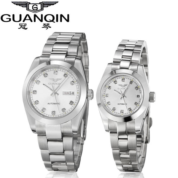 GUANQIN Gold Couple Watch Men Women Mechanical Watch Luminous Calendar Week Waterproof Rhinestones Automatic Lovers Watches