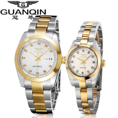 GUANQIN Gold Couple Watch Men Women Mechanical Watch Luminous Calendar Week Waterproof Rhinestones Automatic Lovers Watches
