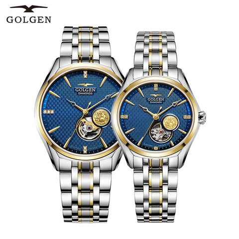 GOLGEN Couple Mechanical Watches Lovers Stainless Steel Simple Elegant  Men Women Skeleton Dial Wristwatch