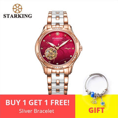 STARKING Automatic Lady Watch Rose Gold Steel Case Vogue Dress Watches Bracelet Set Skeleton Transparent Watch Women